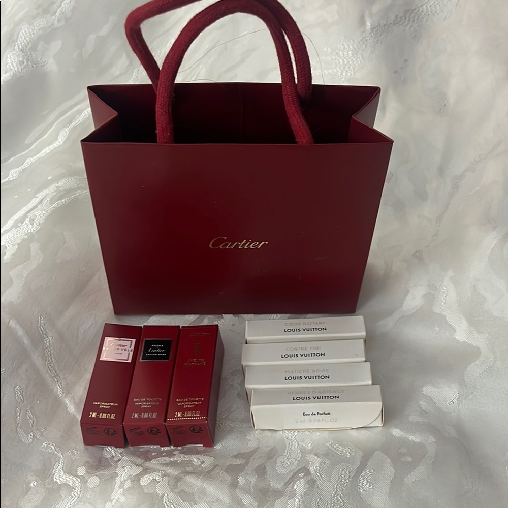 Cartier Red Bag with Cartier and Louis Vuitton Perfume Set